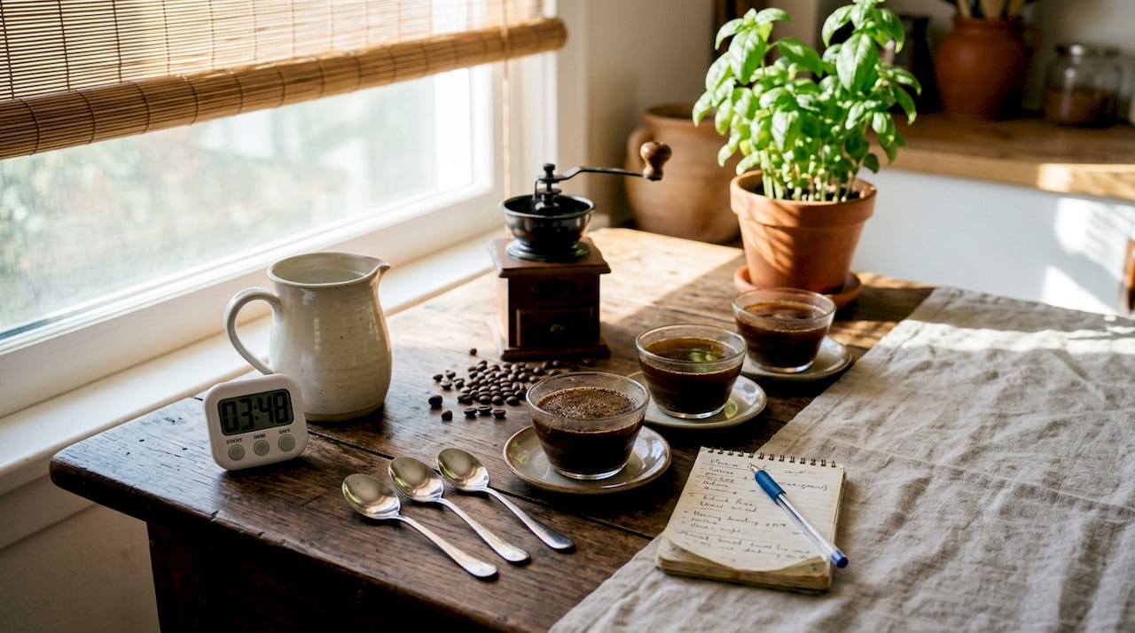 Overhead view of coffee tasting equipment on table