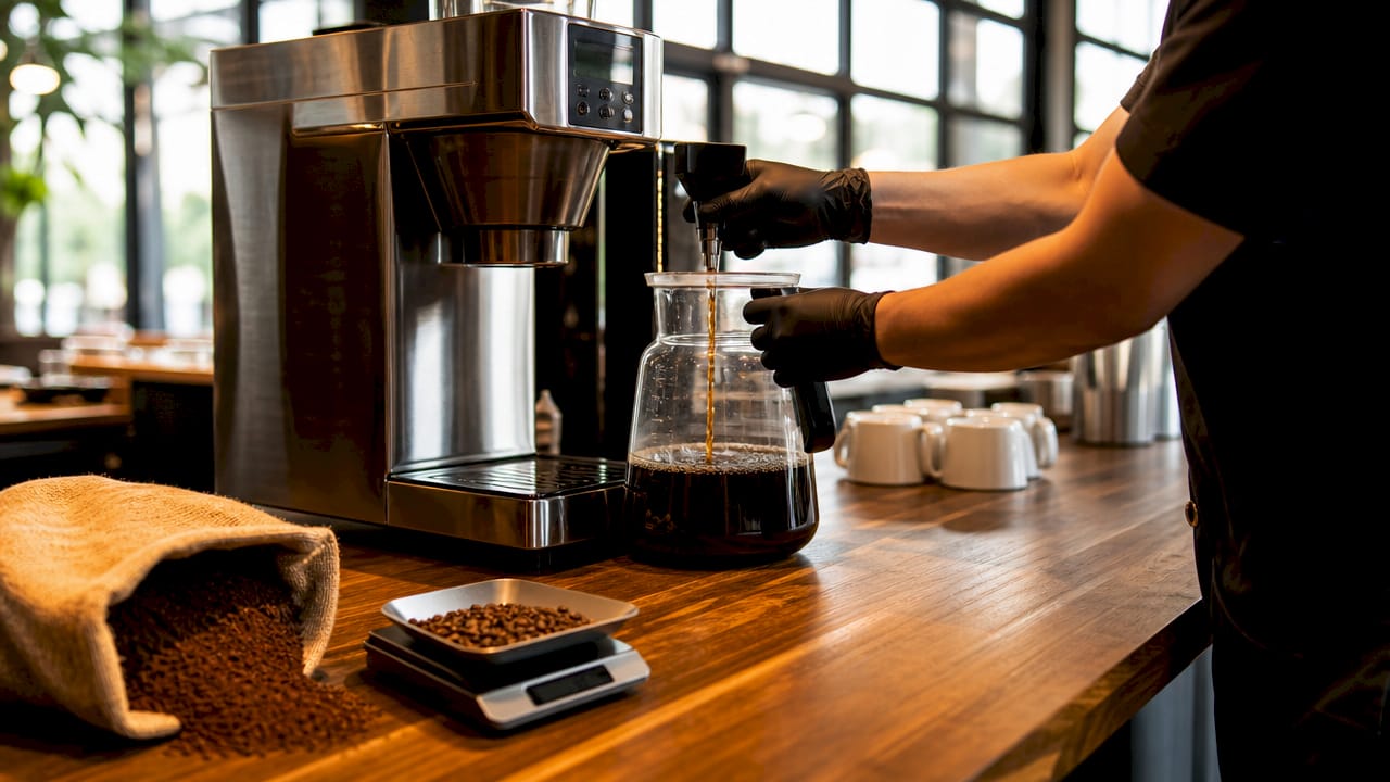 Commercial coffee brewer and fresh grounds