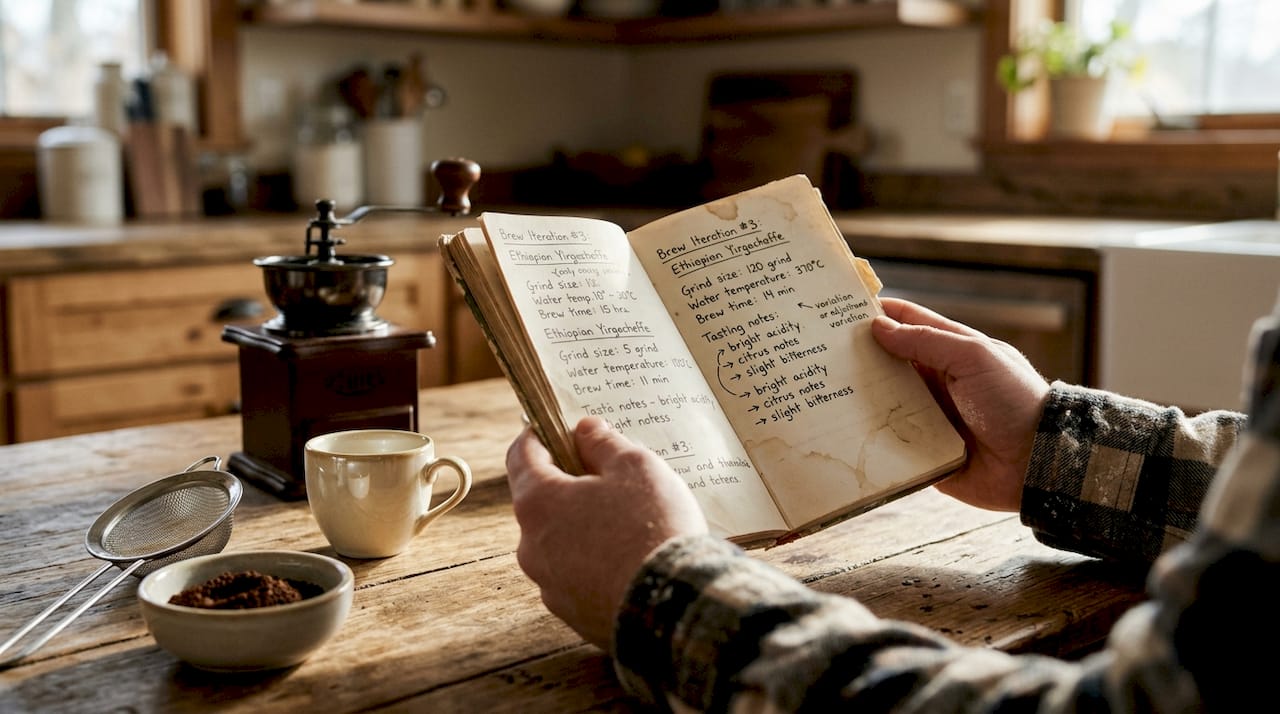 Hands reviewing coffee recipe iteration notes
