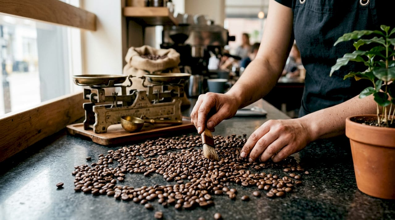 Barista inspecting premium coffee beans on table