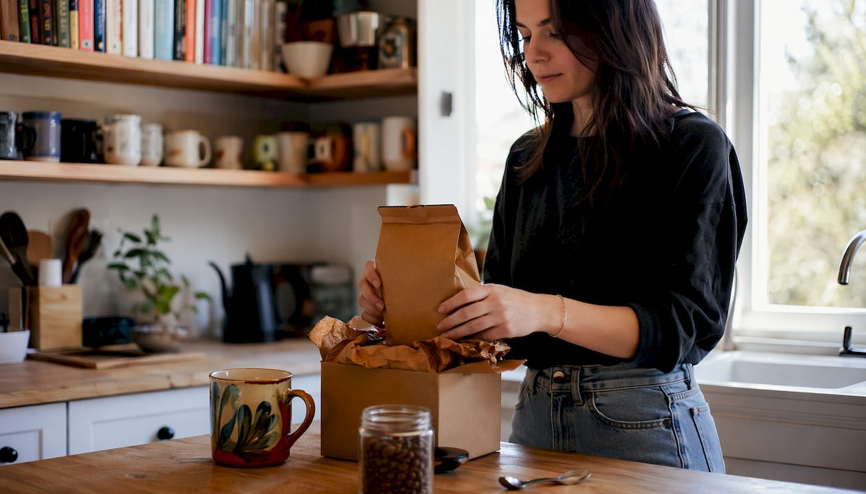 Woman unboxing coffee subscription at home