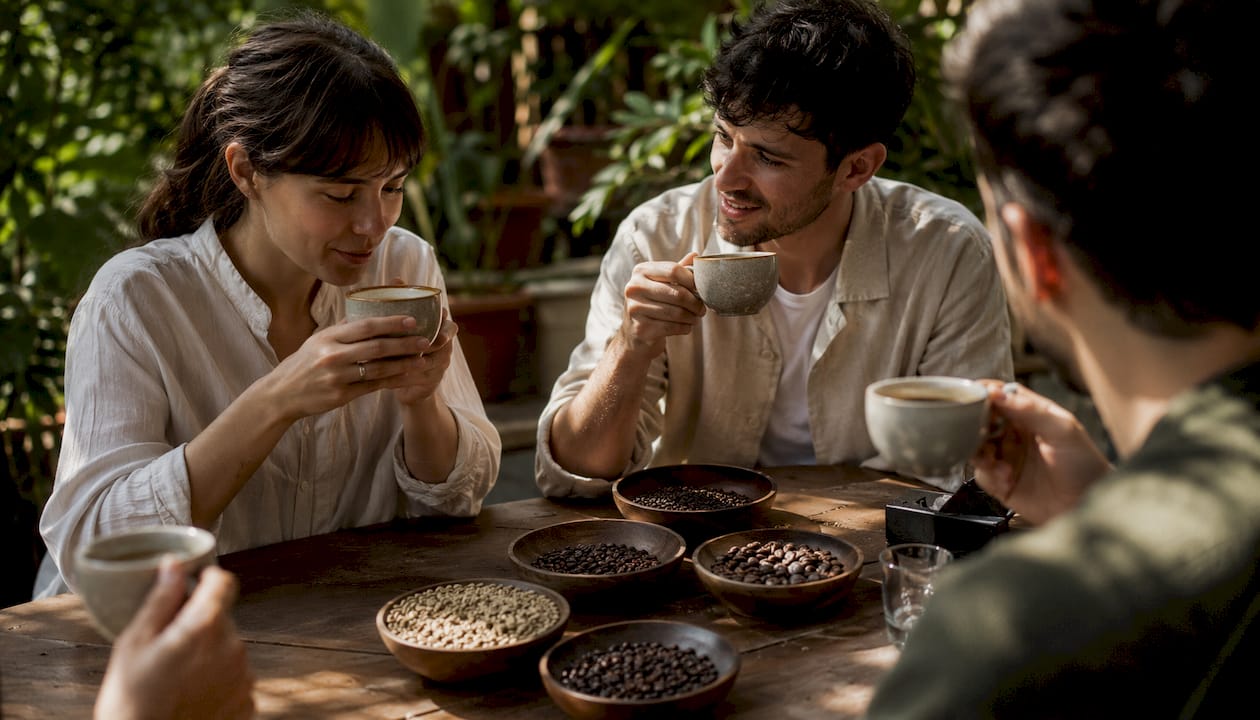Hands tasting different coffee blends at kitchen counter