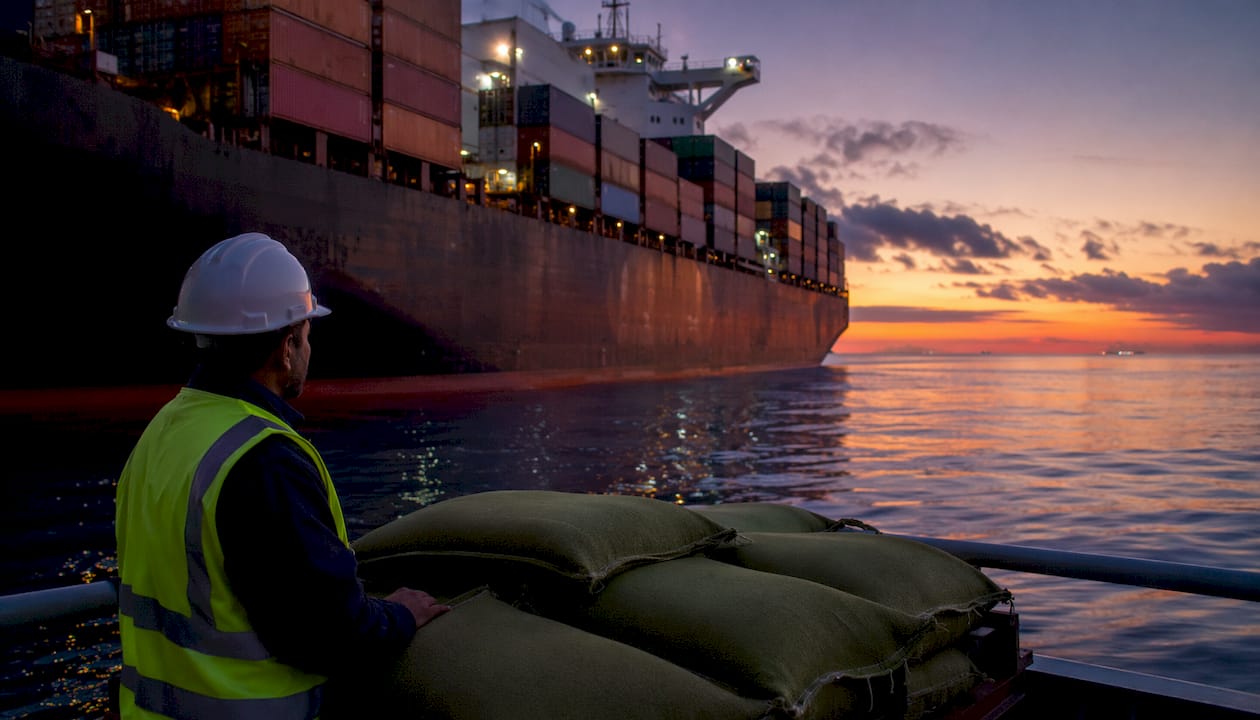 Cargo ship transporting coffee beans by sea