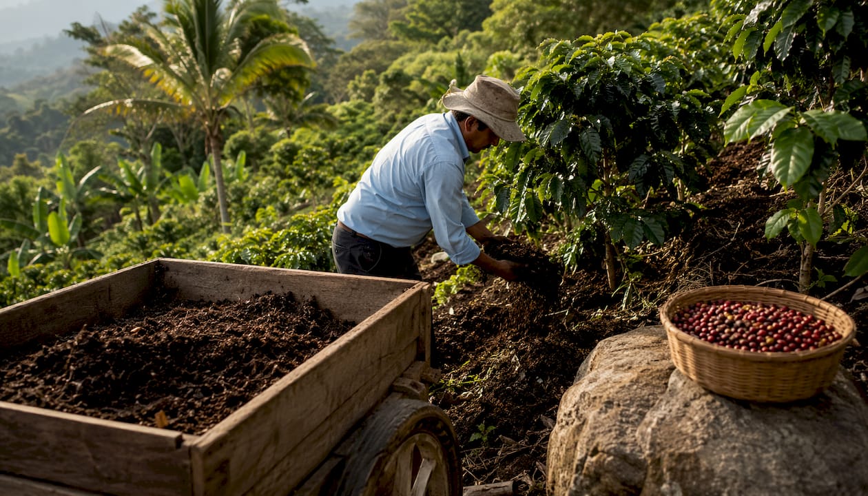 Coffee farmer applying organic fertilizer outdoors