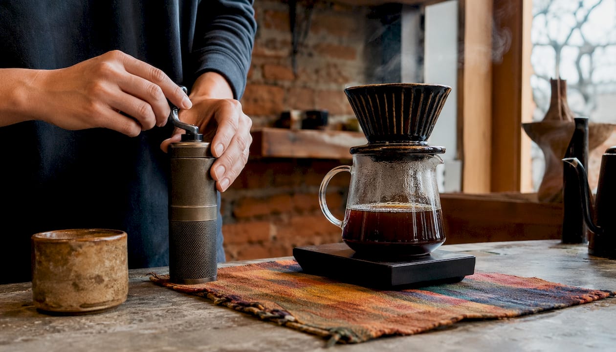 Close-up of hands adjusting coffee grinder
