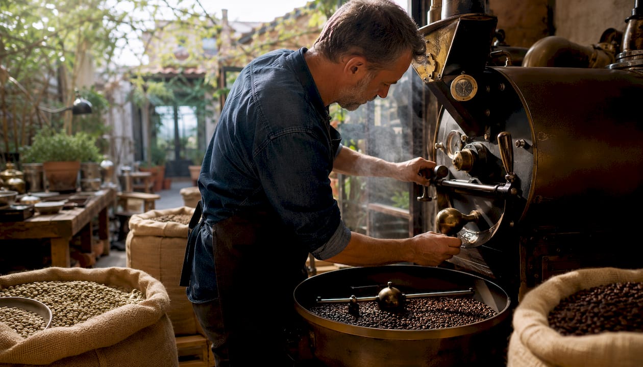 Man roasting artisan coffee beans in roastery