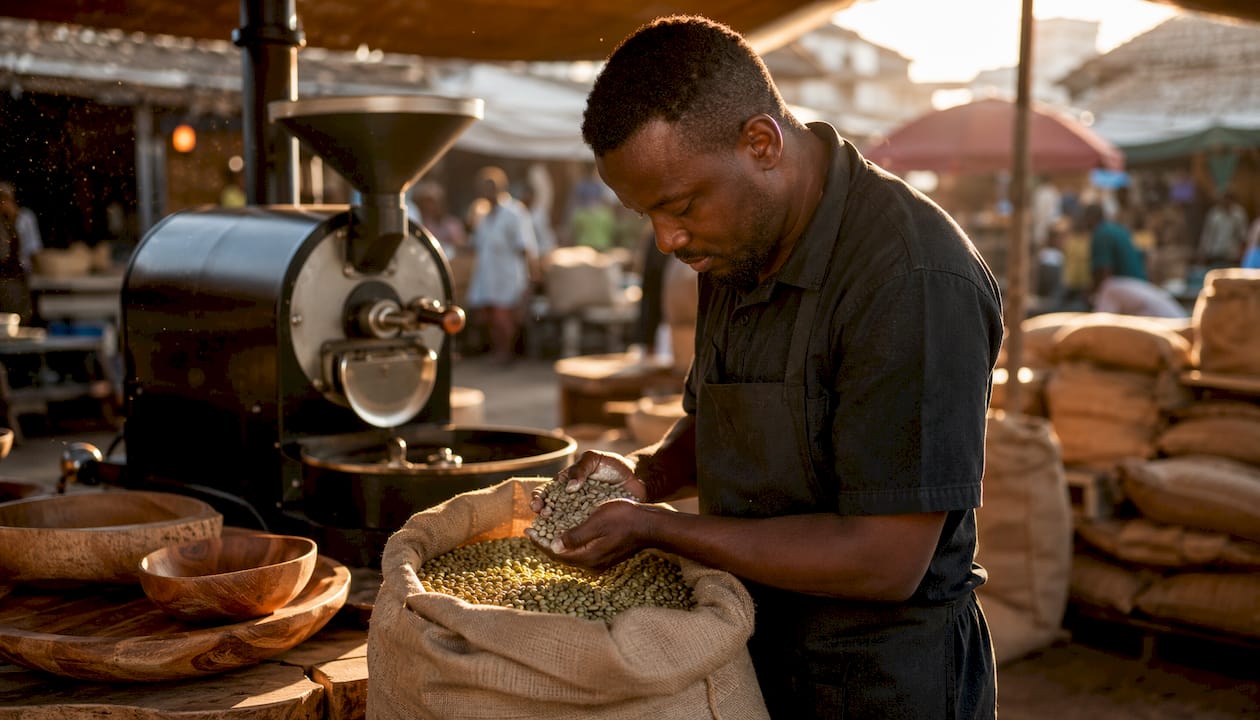 Hands holding green coffee beans sack at roastery
