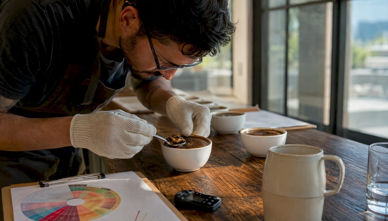 Overhead of hands breaking coffee crust