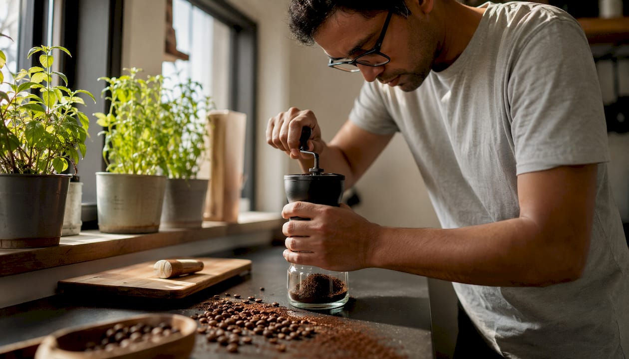 Man grinding coffee beans at home