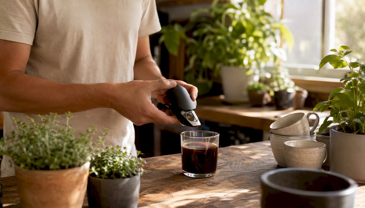 Close-up of hands using coffee refractometer