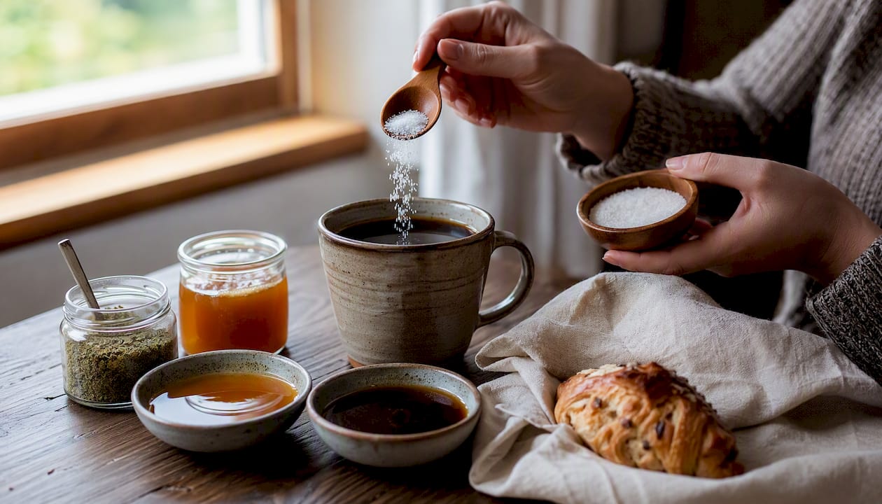 Hands adding natural sweetener to coffee cup