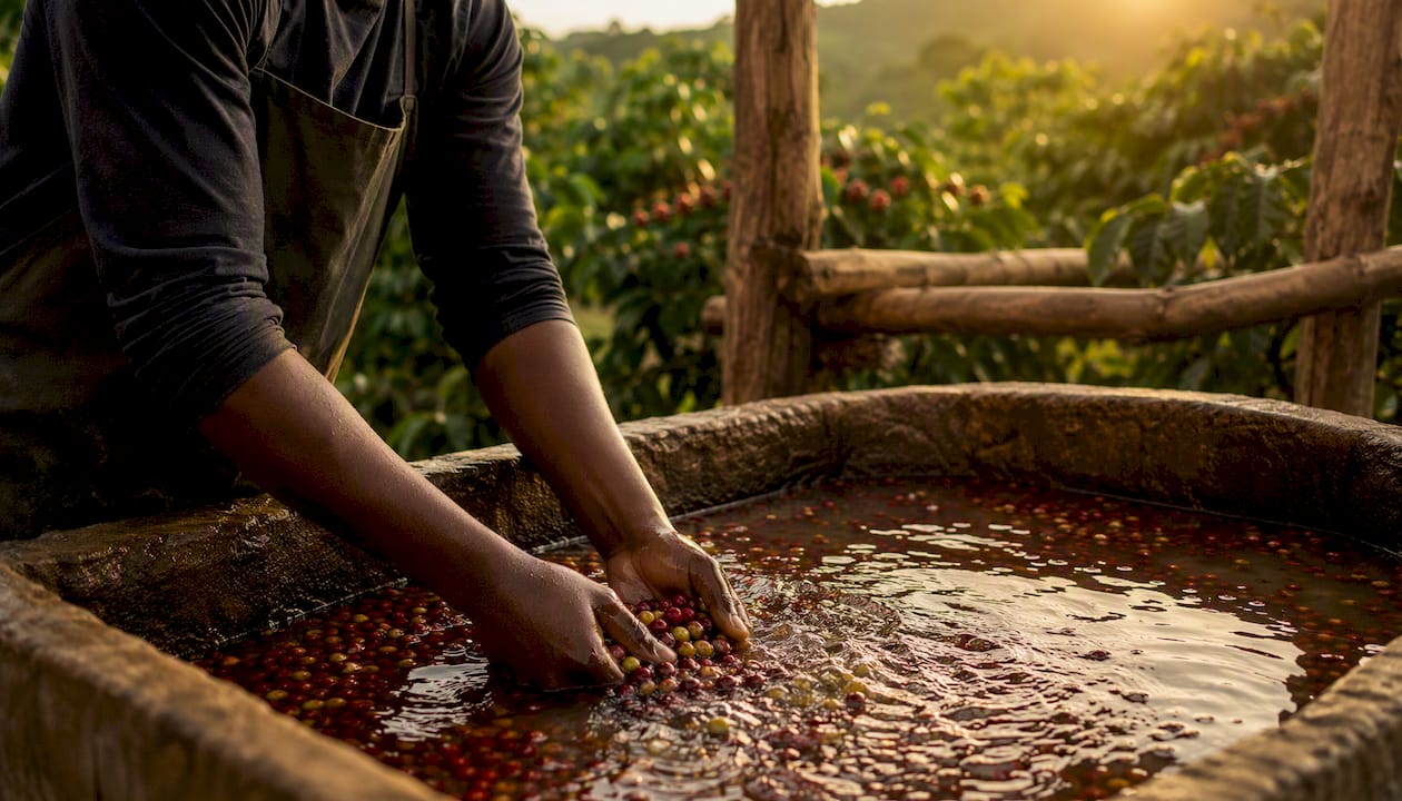 Hands washing Kenyan coffee beans outdoors