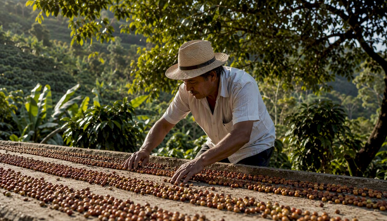 Farmer drying honey-processed Costa Rican coffee