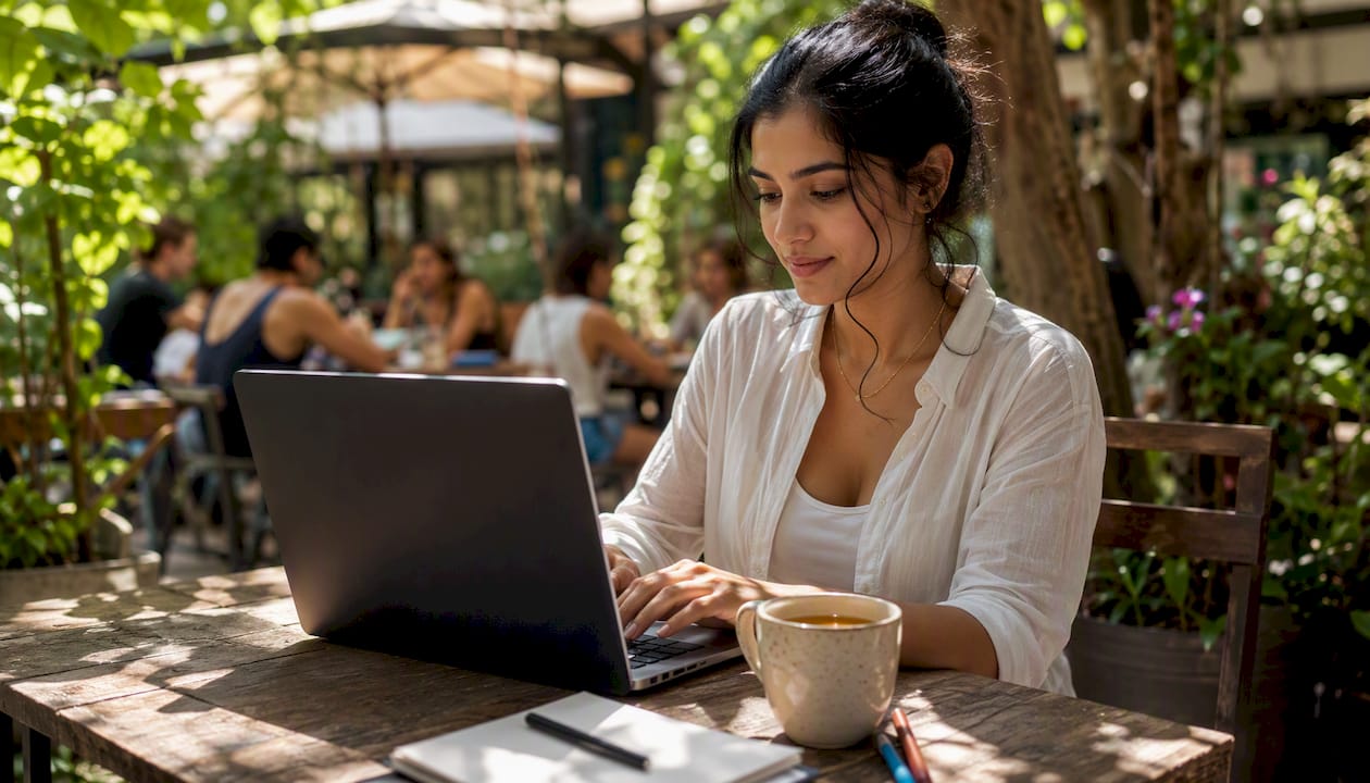Remote worker quietly using laptop at café table