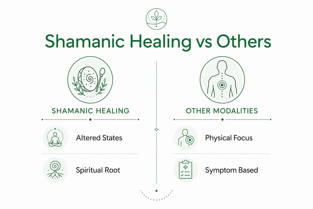 Infographic comparing shamanic healing with other modalities