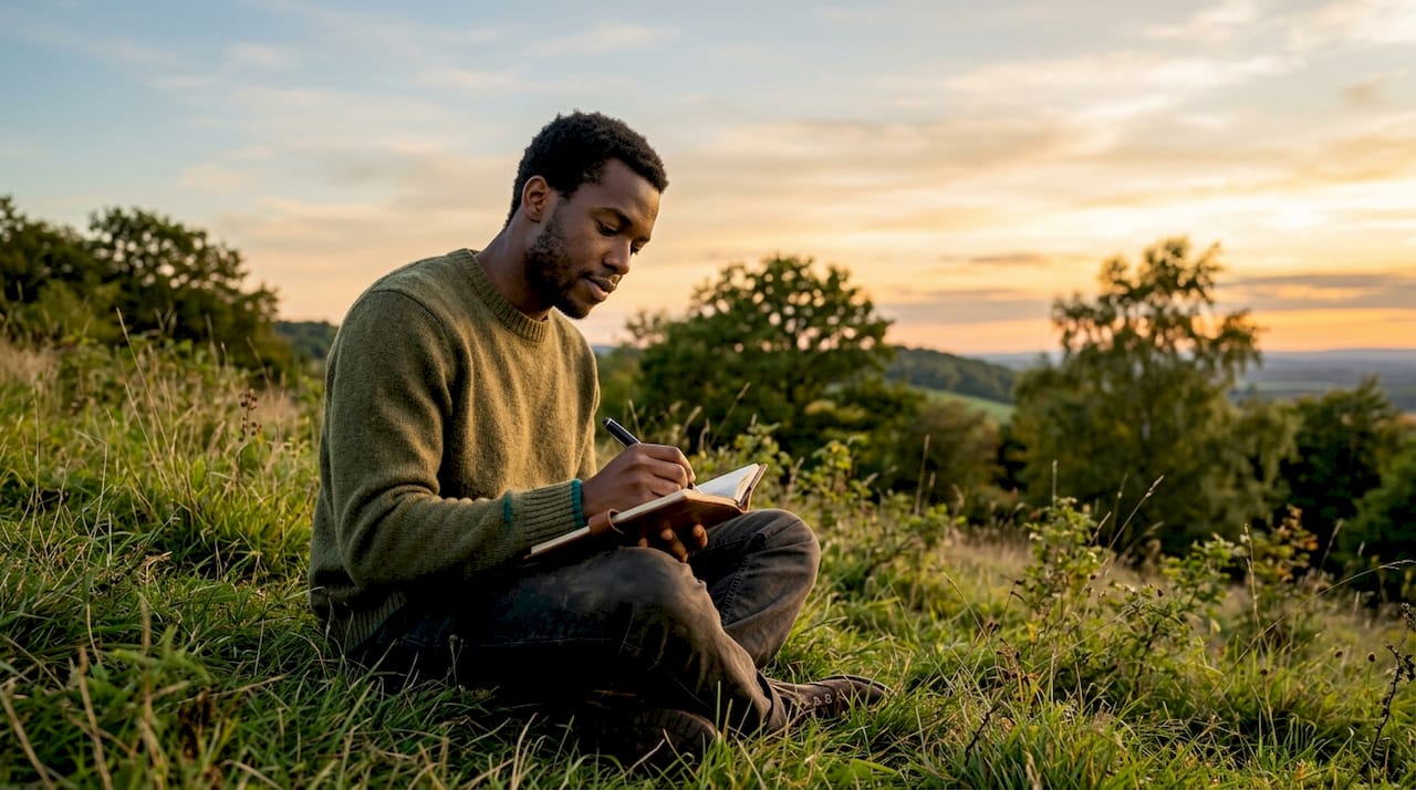 Man journaling reflective thoughts at kitchen table