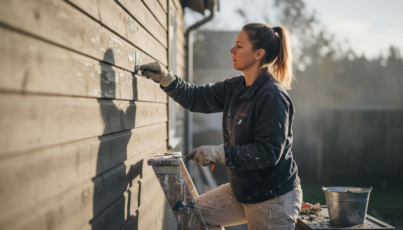 En maler går i gang med at fjerne den gamle maling udenfor.