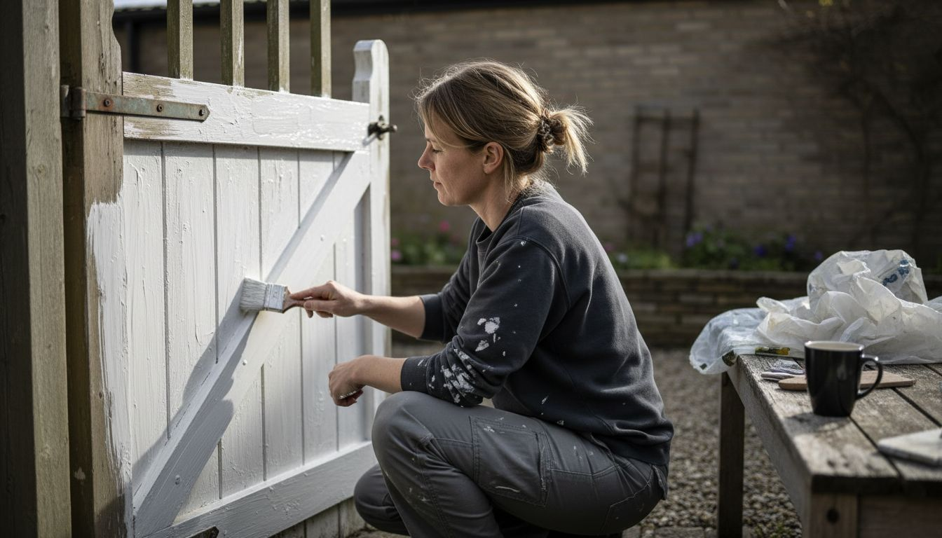 En kvinde er i gang med at male træværket udenfor med en pensel.