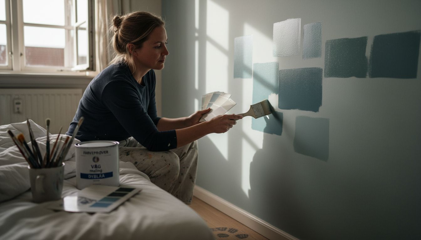 Kvinde vurderer forskellige malinger på væggen for at se, hvilken finish der passer bedst.
