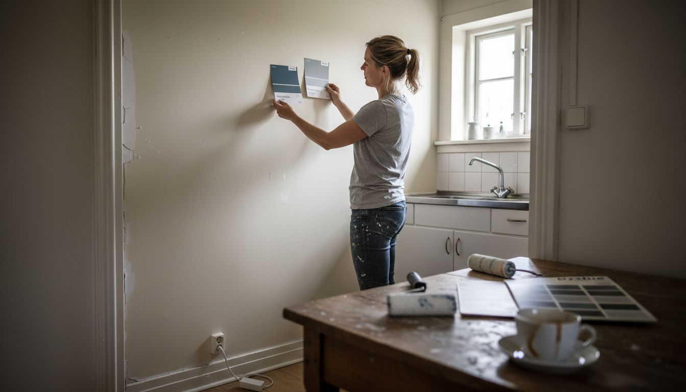 En kvinde prøver forskellige farver af maling af på væggen i sit køkken for at finde den helt rigtige nuance.