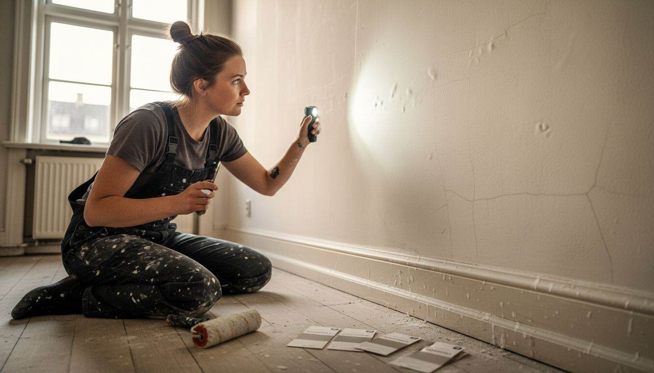 Malereren tjekker, om væggene er i ordentlig stand.