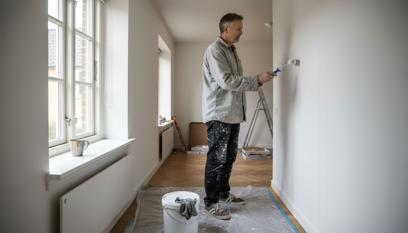 En mand er i gang med at male stuevæggen hvid.