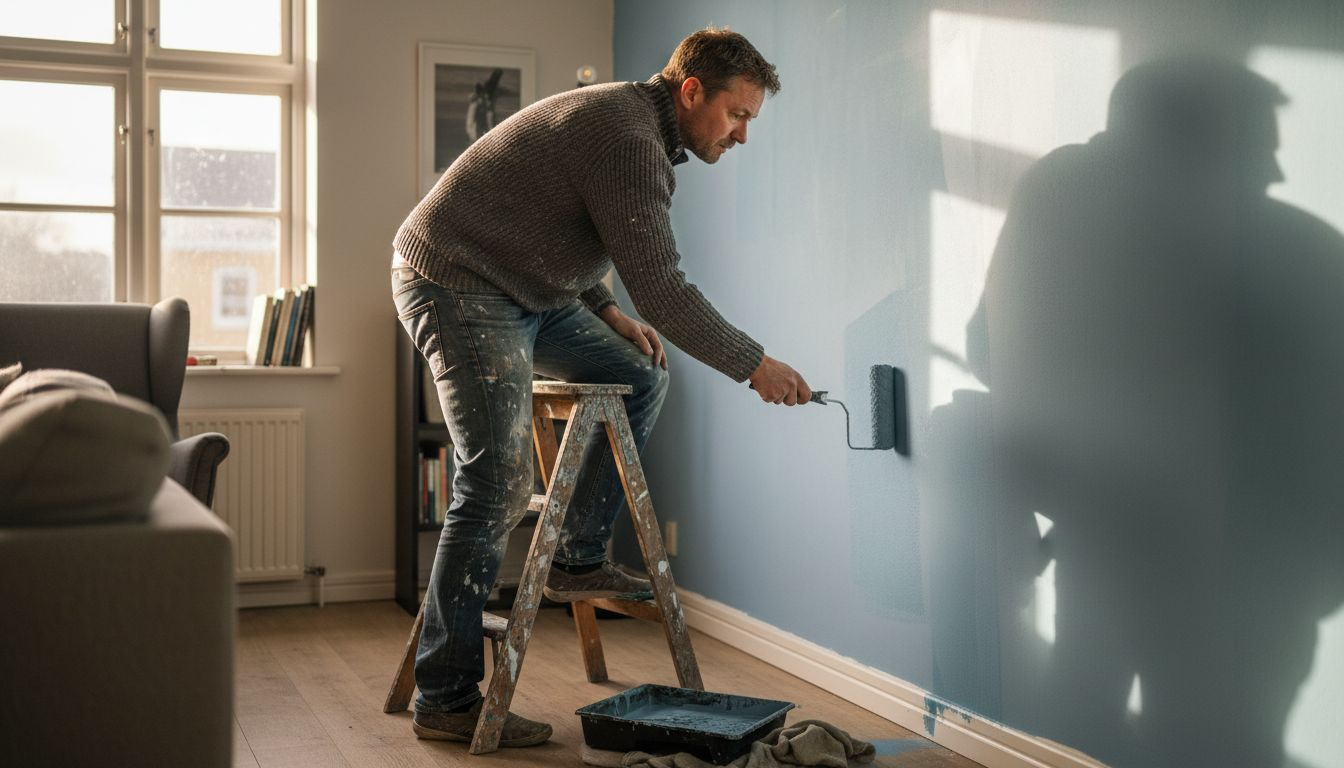 En mand er i gang med at male stuevæggen med en malerrulle.