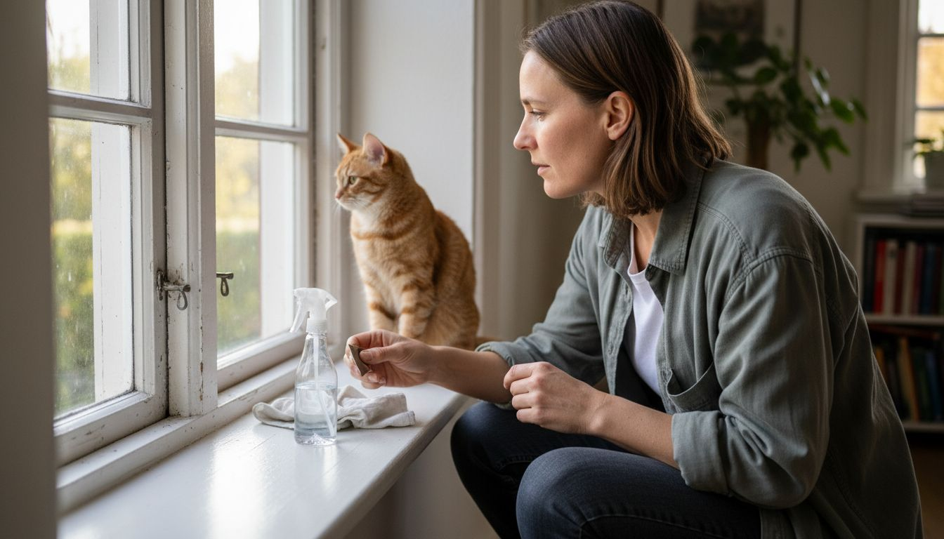 En kvinde inspicerer kanterne på maling ved vinduet inde i huset.