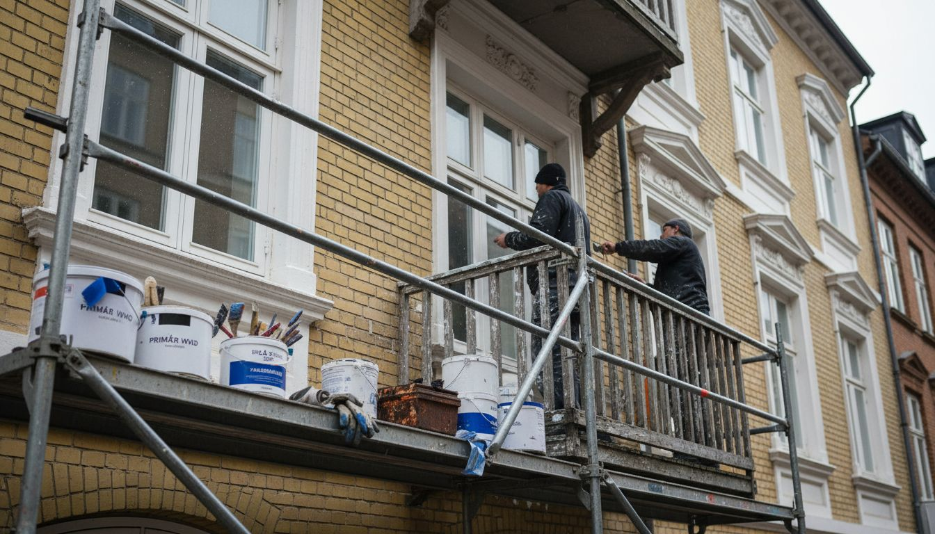 Et hold malere er i gang med at friske facaden op på en bygning midt i byen.