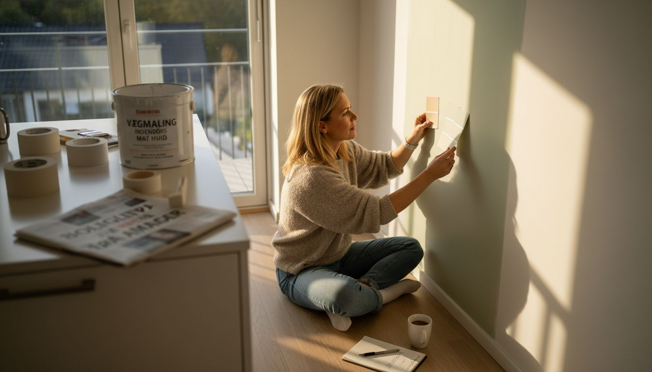 En husejer prøver forskellige farver af på væggene i køkkenet.