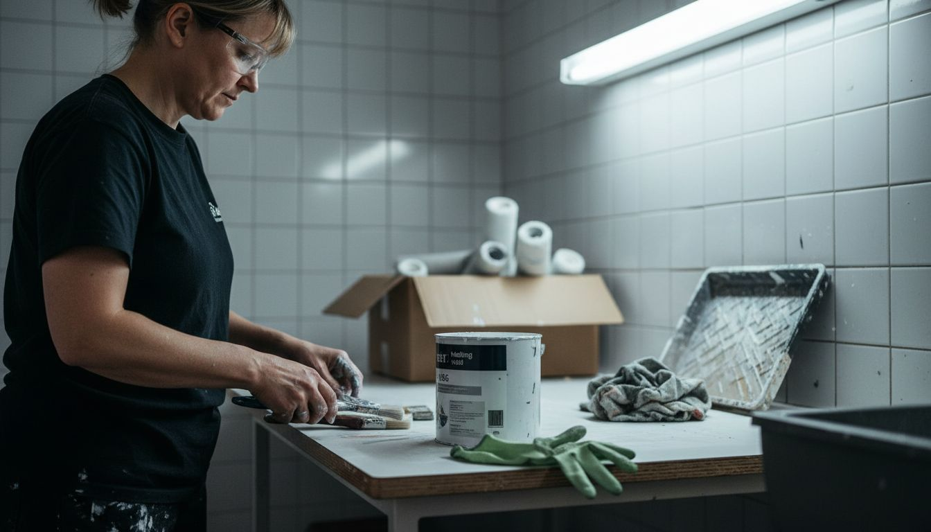 Maler organiserer sine pensler og værktøj, så alt er klar til brug.