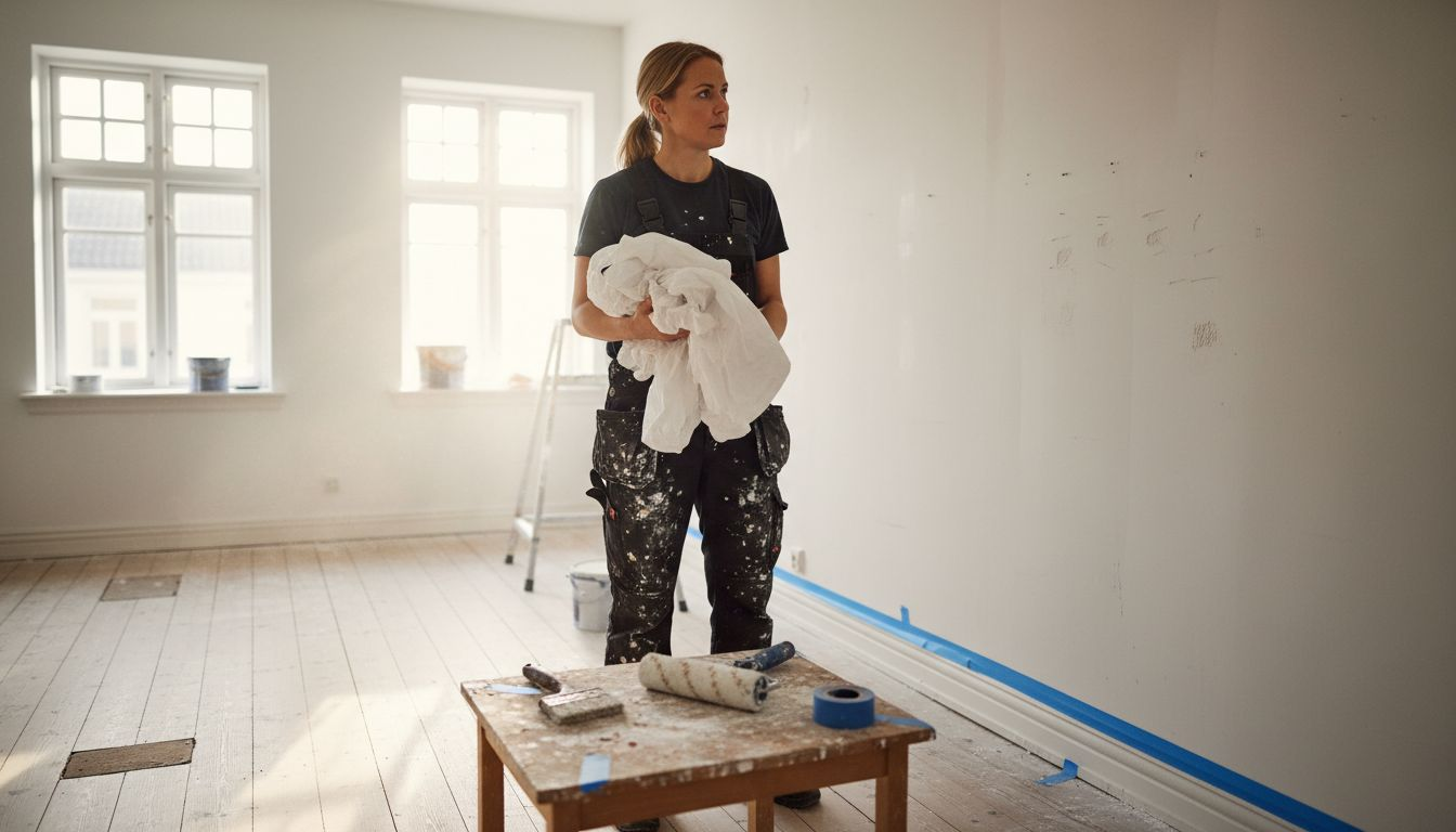 Maler tjekker væggen og gør sit udstyr klar før arbejdet går i gang