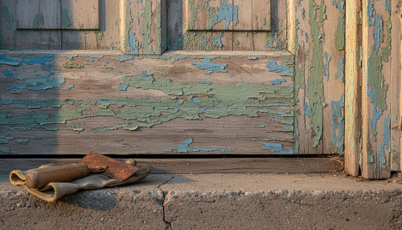 Detaljebillede af afskallet maling på en gammel trædør