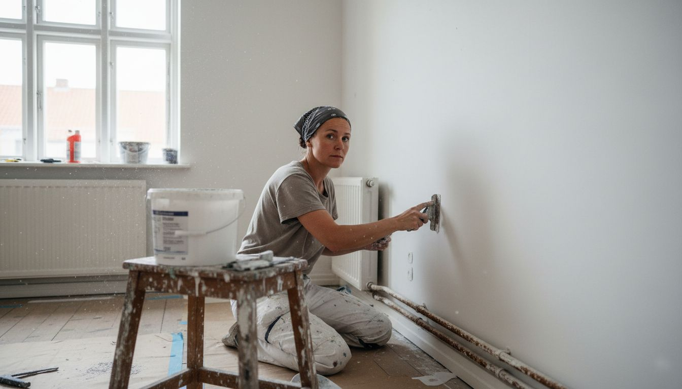 Maler står for at spartle vægge i byhus som en del af entreprisen