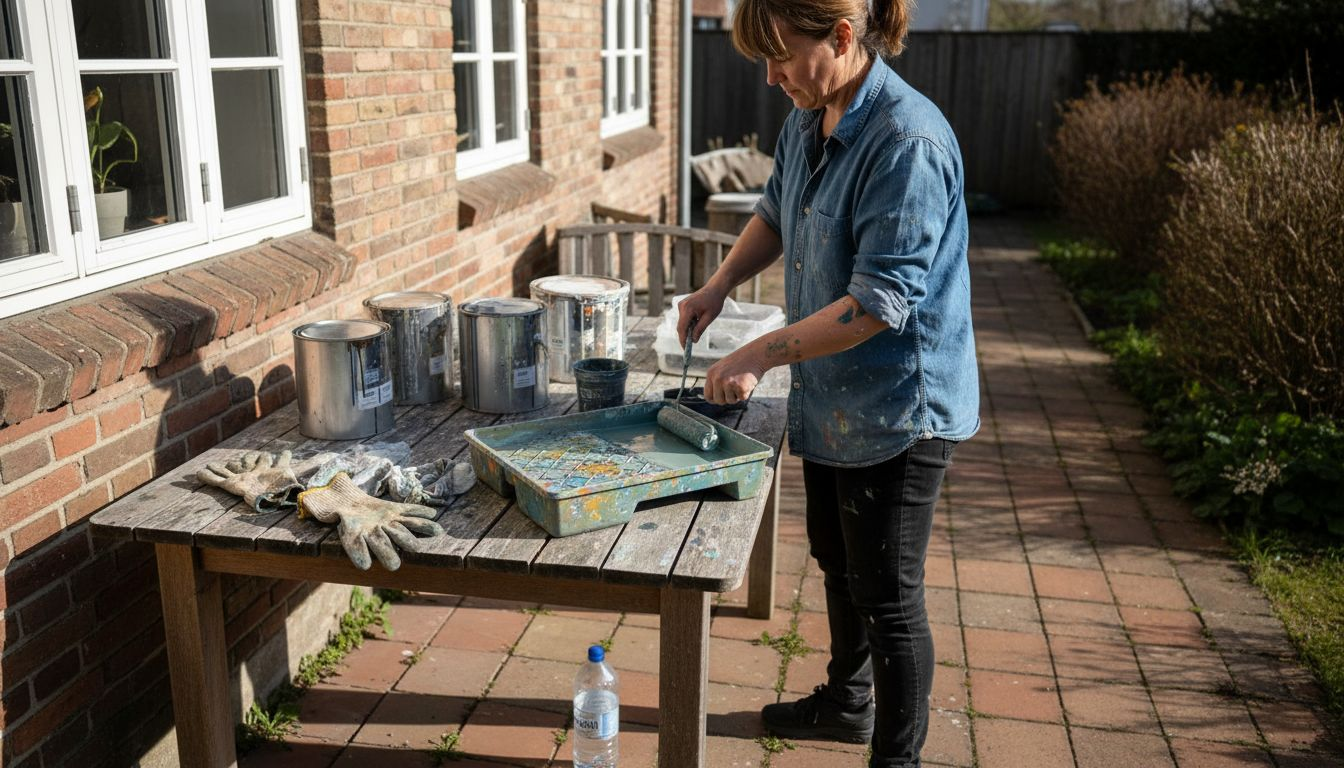 En person står ude i dagslys og blander maling til udendørs brug.