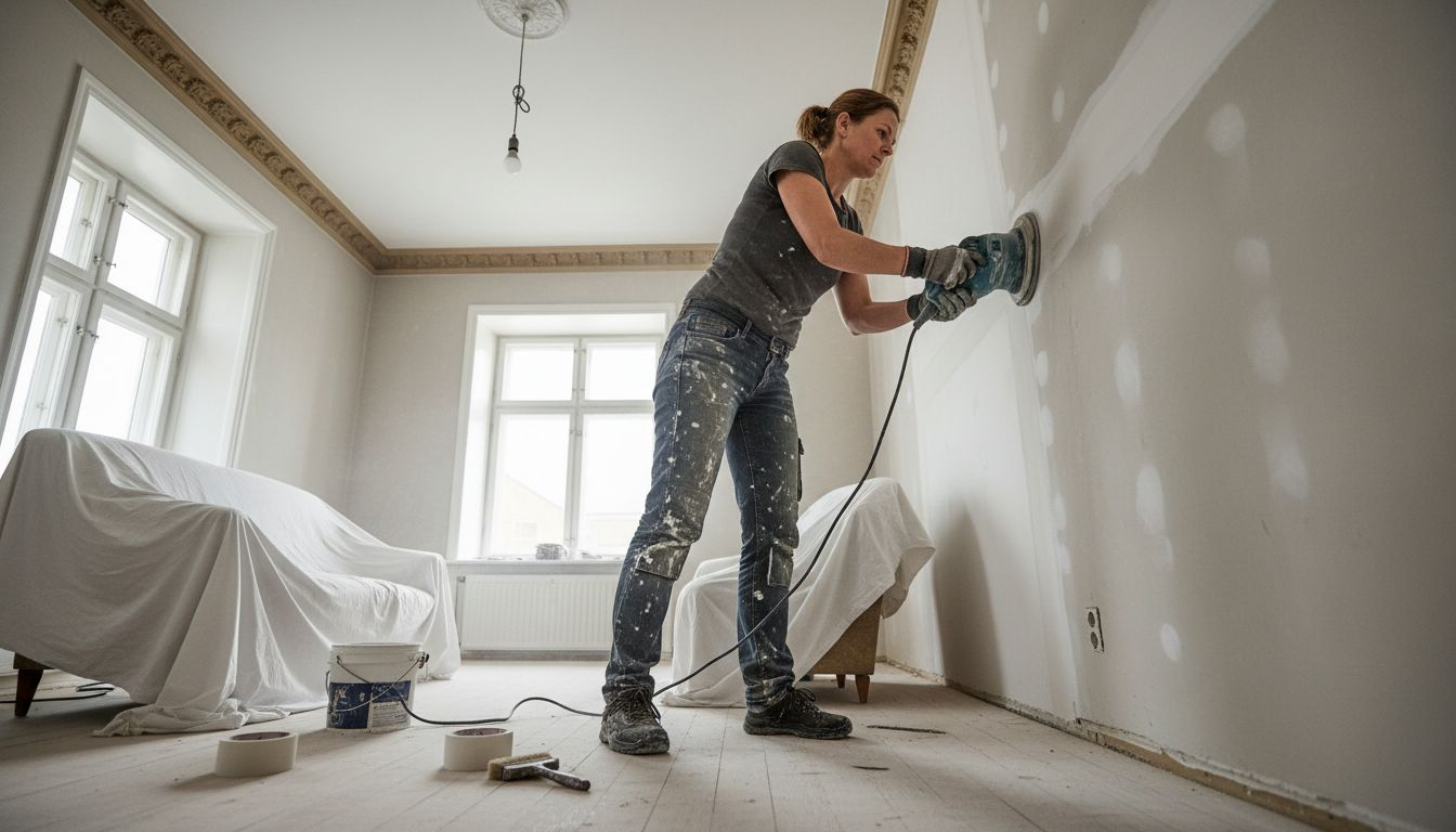 Malereren gør væggen klar, inden han går i gang med at male.