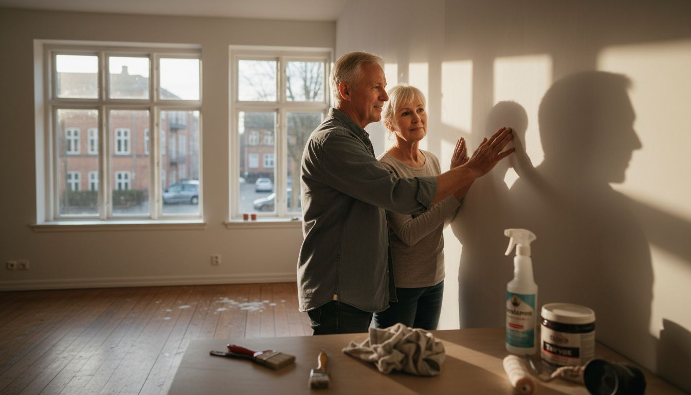 Et ældre ægtepar står og kigger nærmere på væggen for at vurdere malingen.