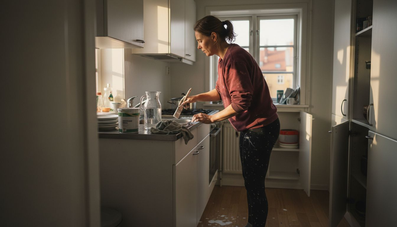 En kvinde er i gang med at male køkkenets lister med miljøvenlig maling.