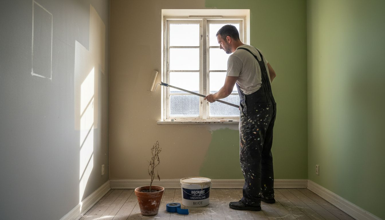 En maler er i gang med at give soveværelset et nyt, roligt udtryk med neutrale farver på væggene.
