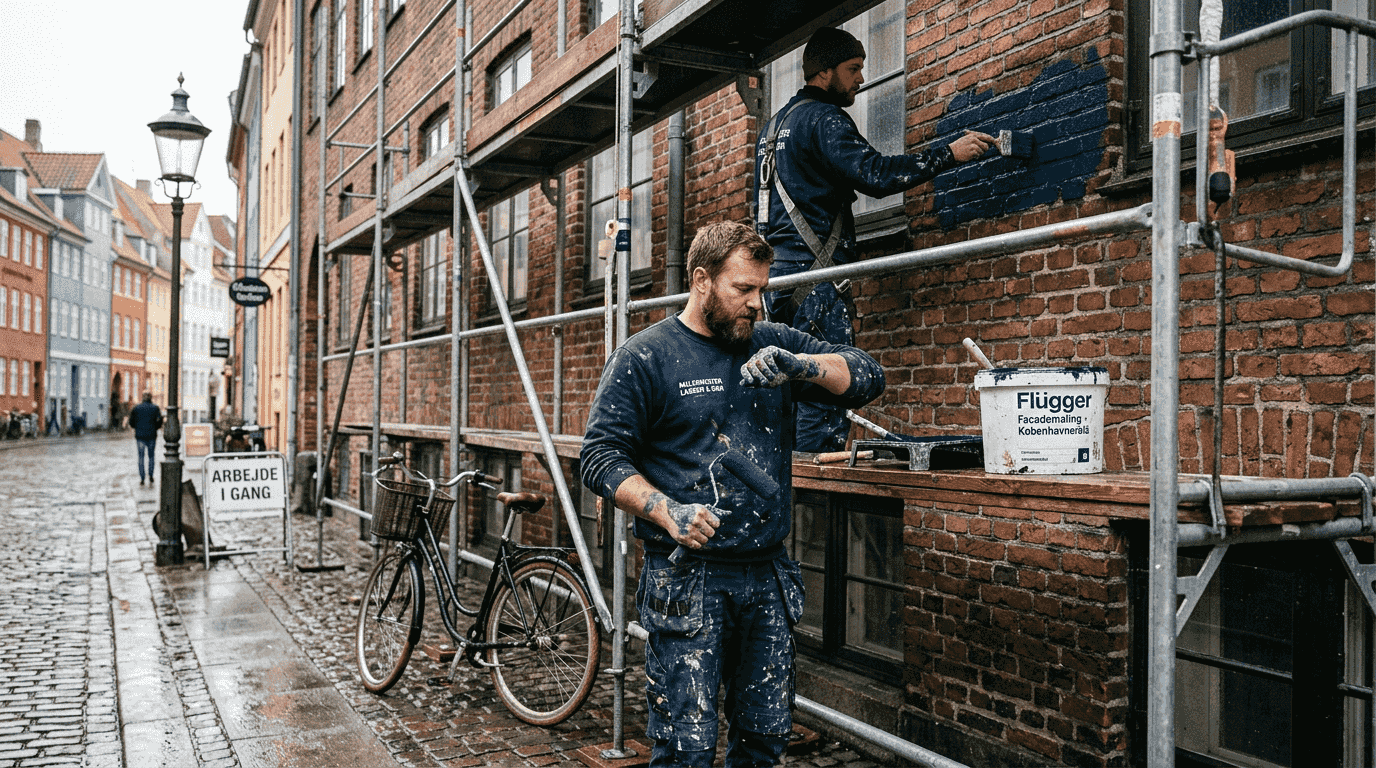 Håndværkere svinger penslerne på en regnvåd københavnergade og giver facaden nyt liv.