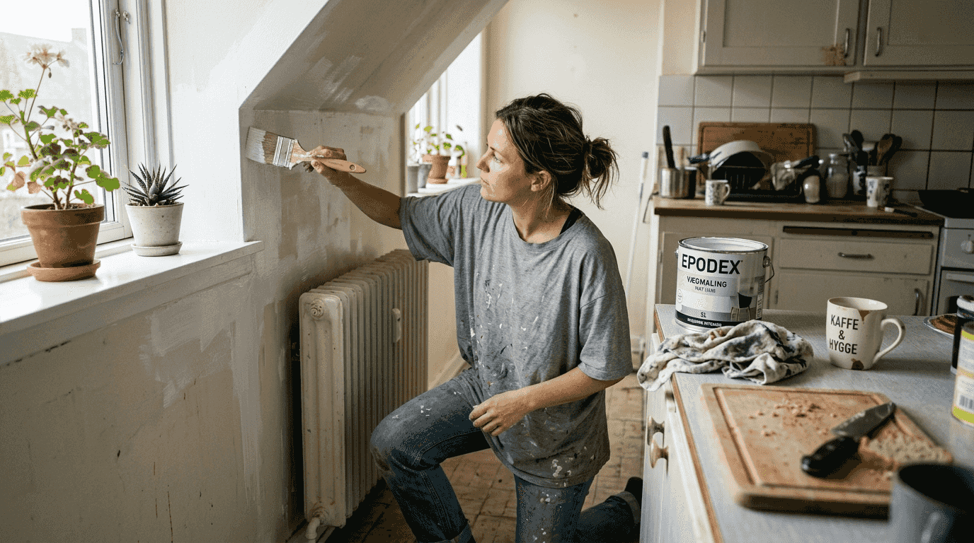 En kvinde står og maler et hjørne af køkkenet med en stor pensel.