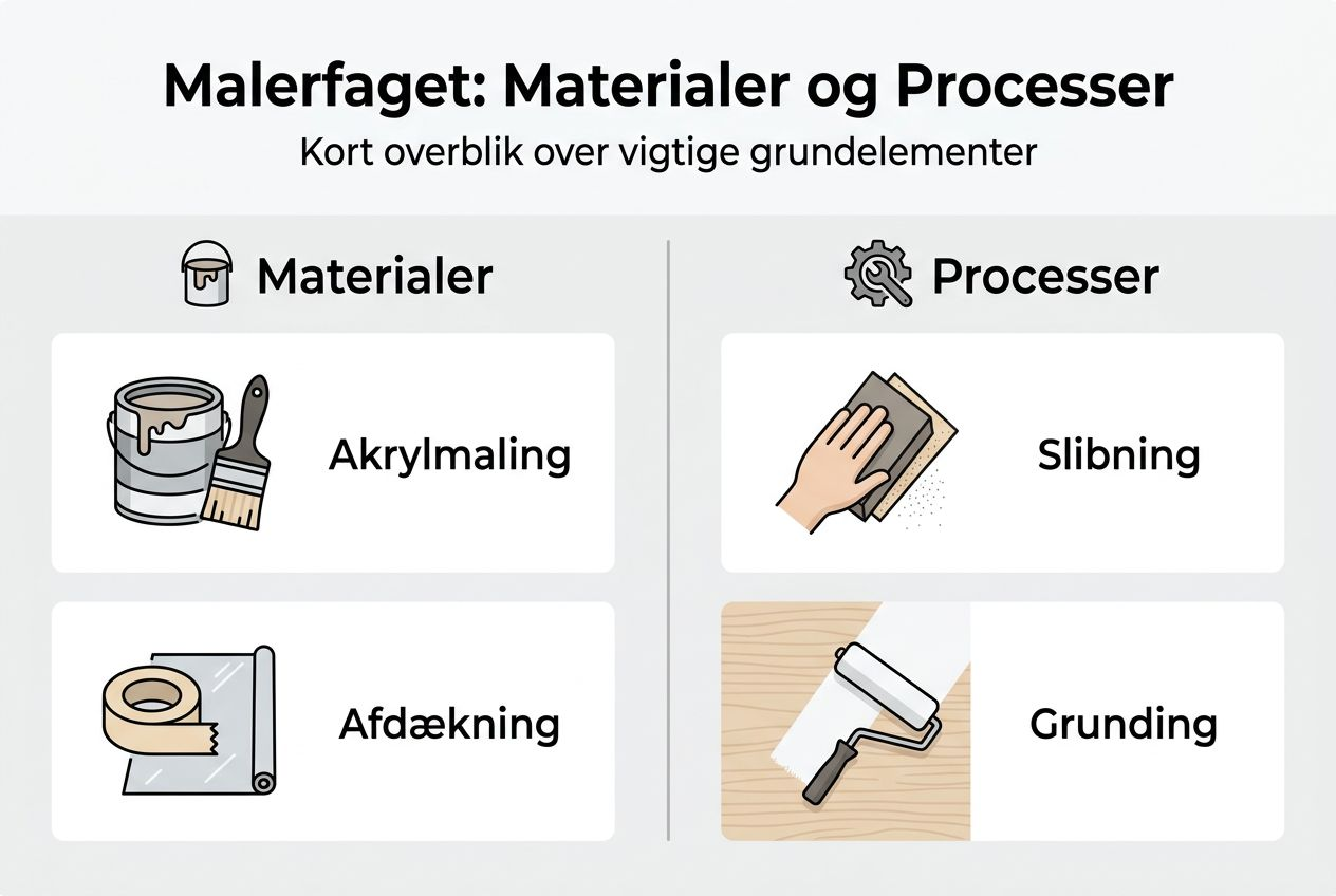 Grafisk oversigt over materialer og arbejdsprocesser inden for malerfaget