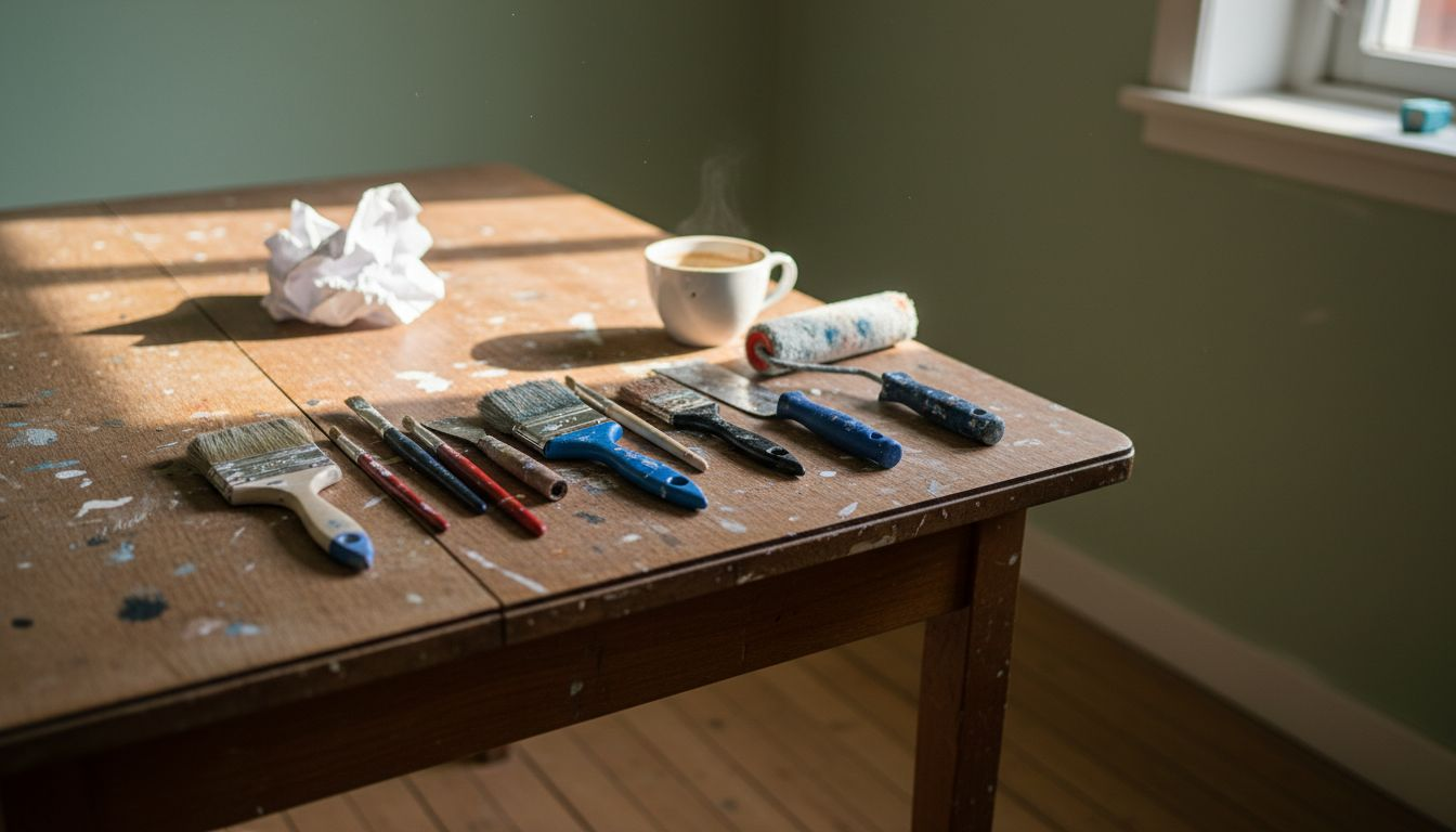 Malergrej som pensler og en malerrulle ligger klar på bordet.