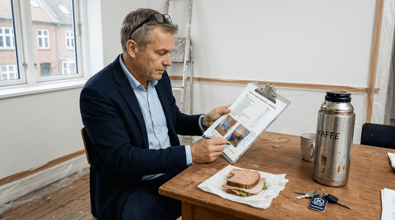 En arbejdsleder gennemgår malerarbejdet punkt for punkt med tjeklisten i hånden for at sikre, at alt er udført korrekt.