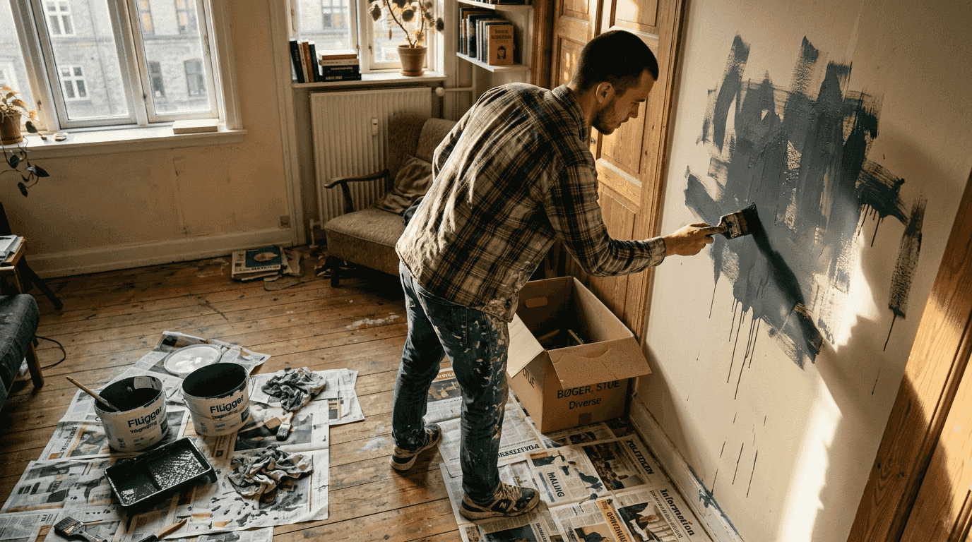 Lejer forsøger sig med at male en ujævn væg uden tidligere erfaring