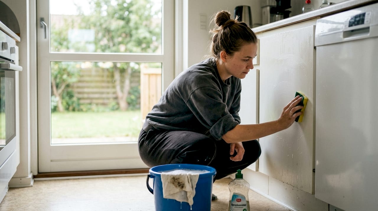 En kvinde gør væggen ren i køkkenet, inden hun går i gang med at male.