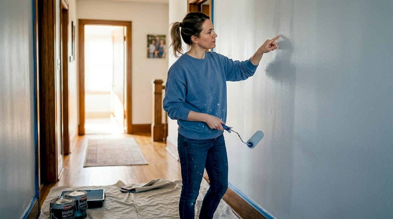 En kvinde tjekker, om malingen på væggen i gangen er tør.