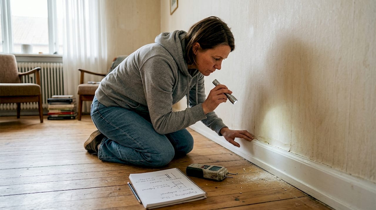 Beboer undersøger fugtig væg med lommelygte