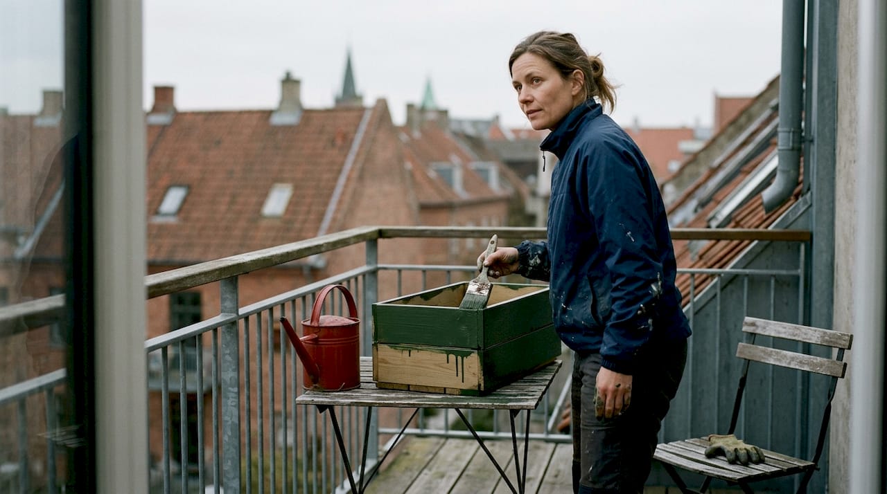 En kvinde står på sin altan i København og giver sin plantekasse et nyt lag maling.
