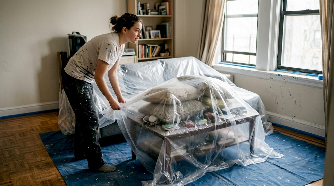 En kvinde dækker møblerne til, inden hun skal male loftet.